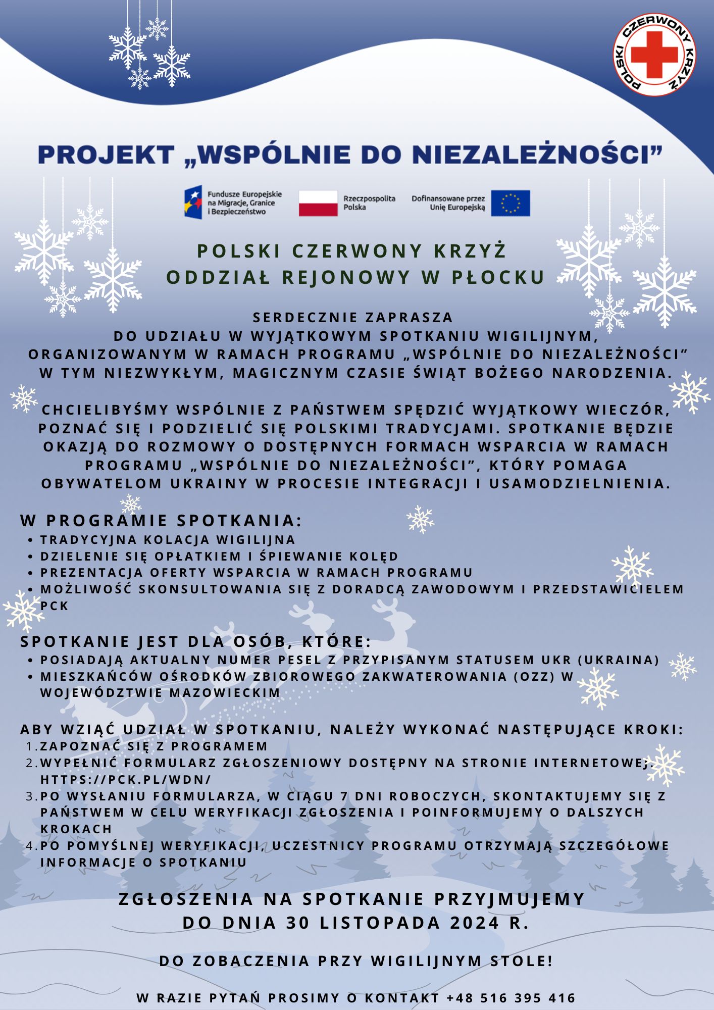 Plakat informacyjny Polskiego Czerwonego Krzyża w Płocku zapraszający obywateli Ukrainy na świąteczne Spotkanie Wigilijne w ramach projektu „Wspólnie do niezależności”, z opisem programu i warunków udziału.