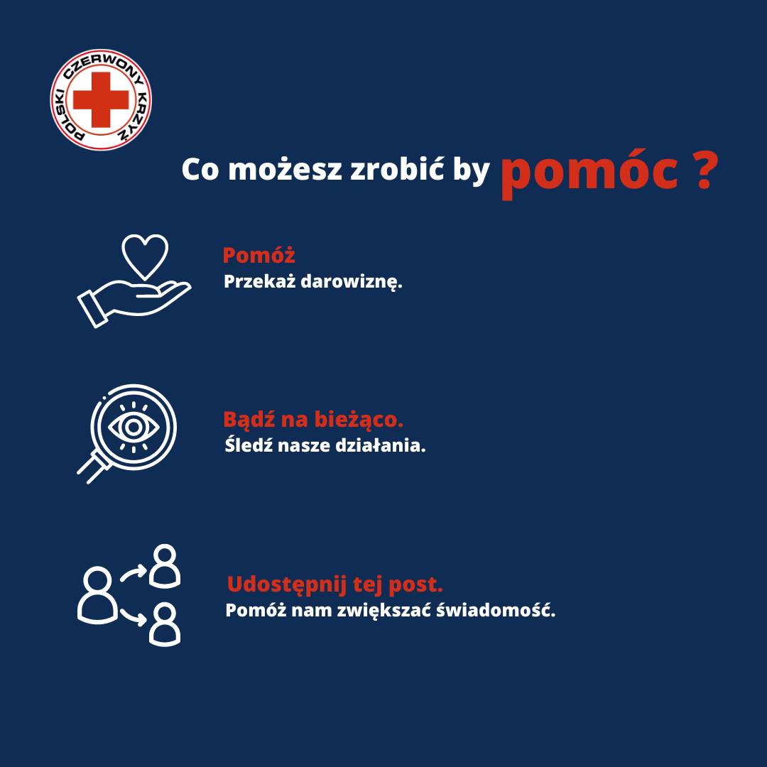 Grafika informacyjna Polskiego Czerwonego Krzyża zachęcająca do pomagania poszkodowanym poprzez przekazanie darowizny, śledzenie działań organizacji i udostępnianie postu.