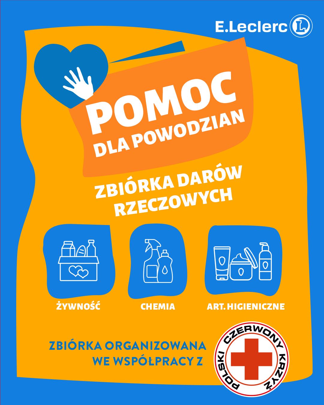 Grafika informacyjna E.Leclerc i Polskiego Czerwonego Krzyża ogłaszająca zbiórkę darów rzeczowych (żywność, chemia, artykuły higieniczne) jako pomoc dla poszkodowanych powodzian.