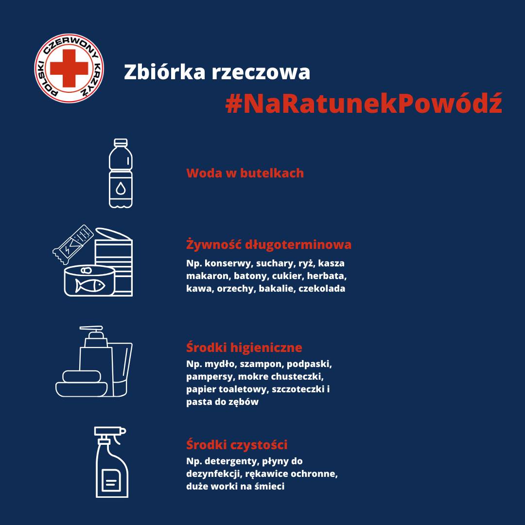 Grafika informacyjna Polskiego Czerwonego Krzyża o zbiórce rzeczowej „#NaRatunekPowódź” z listą potrzebnych darów: woda w butelkach, żywność długoterminowa, środki higieniczne i środki czystości.