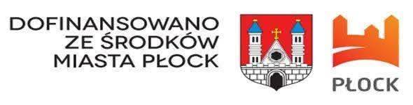 Tablica informacyjna z napisem „Dofinansowano ze środków Miasta Płock” oraz herbem i logo Płocka, informująca o wsparciu przygotowań do Ogólnopolskich Mistrzostw Pierwszej Pomocy.