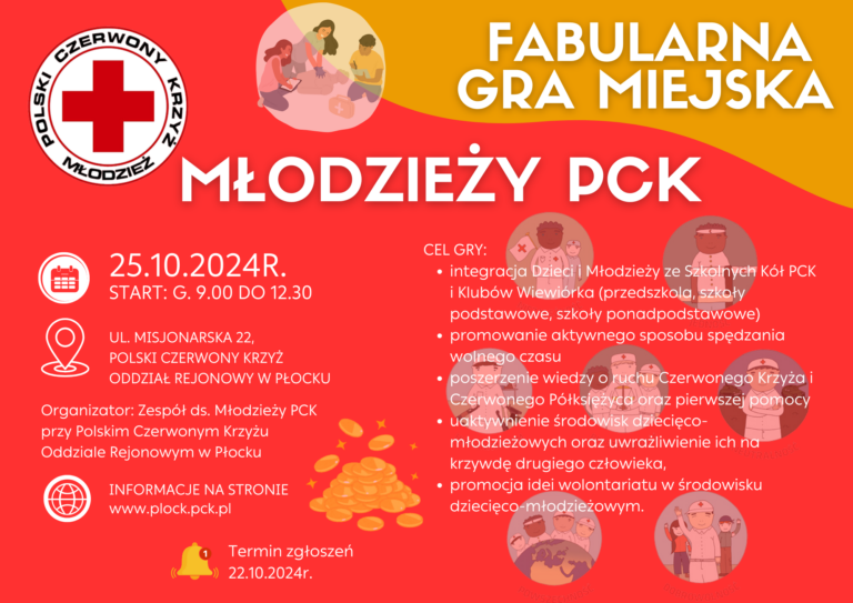 Plakat informacyjny o fabularyzowanej grze miejskiej Młodzieży PCK w Płocku z datą 25.10.2024, miejscem wydarzenia, celem gry oraz danymi organizatora.