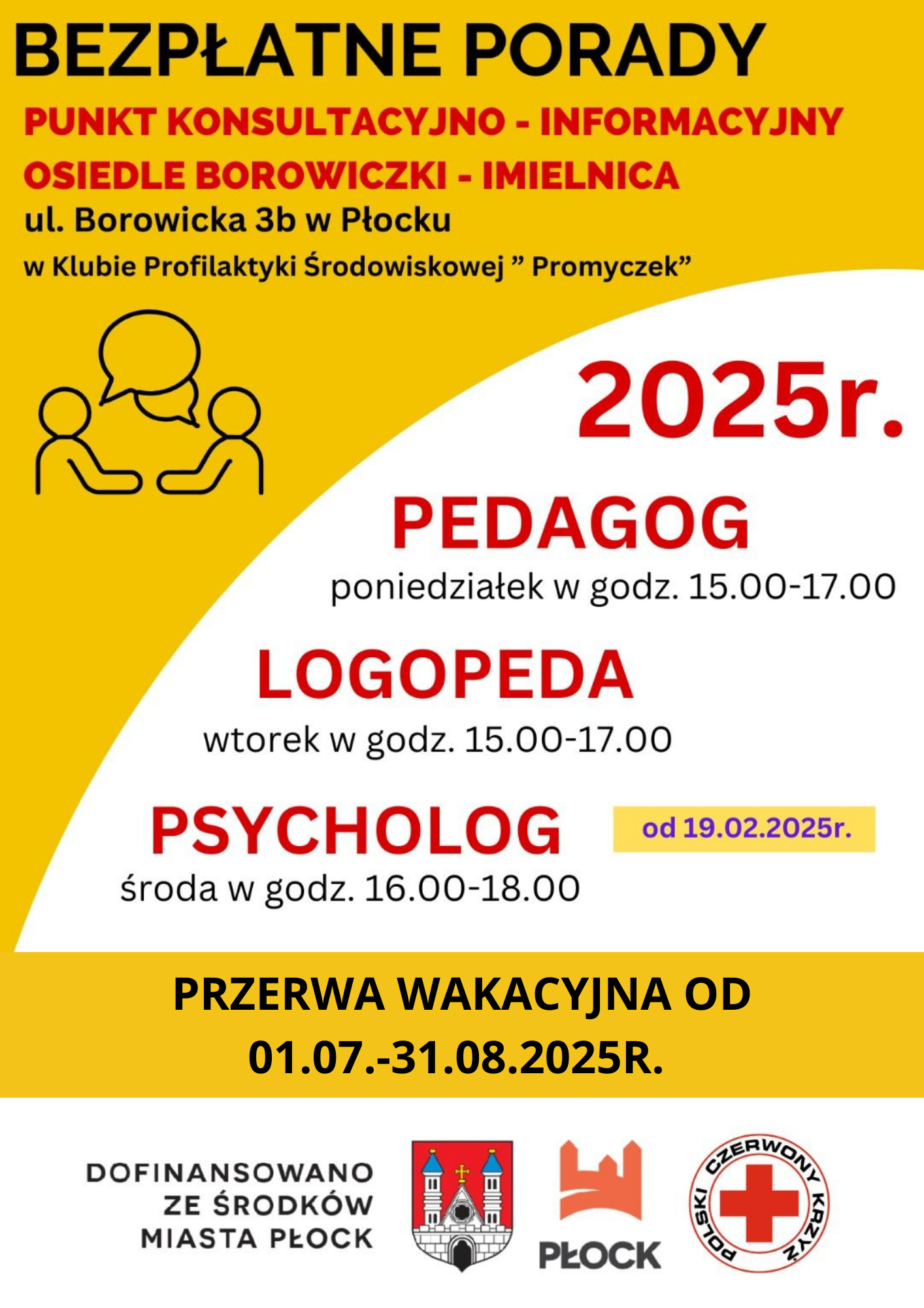 Grafika informacyjna o bezpłatnych poradach pedagoga, logopedy i psychologa w Punkcie Konsultacyjno‑Informacyjnym w Płocku z zaznaczoną przerwą wakacyjną od 01.07 do 31.08.2025 r.