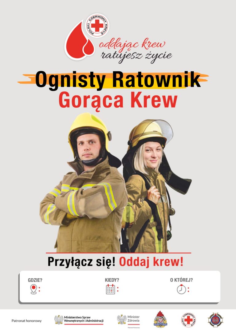 Plakat akcji „Ognisty Ratownik – Gorąca Krew” PCK Płock przedstawiający dwóch strażaków w mundurach, zachęcający do oddawania krwi.