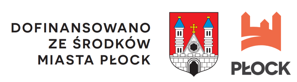 Grafika z napisem „Dofinansowano ze środków Miasta Płock” oraz herbem i logo miasta Płock.