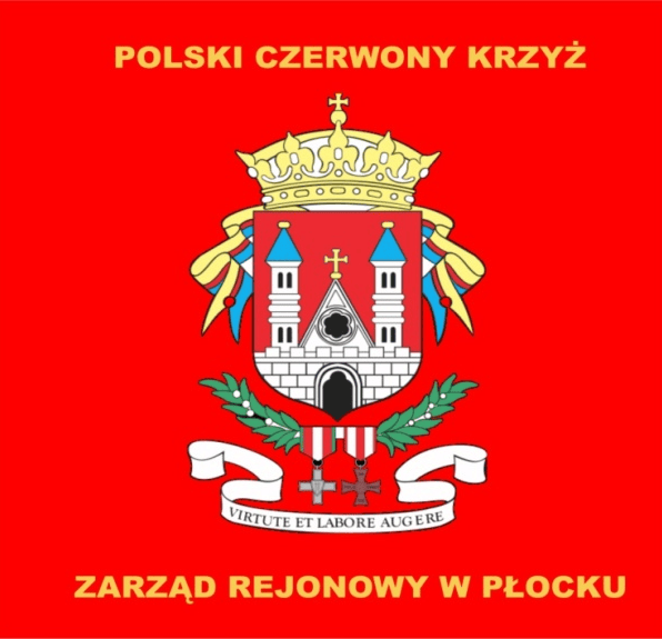 Czerwone tło z herbem Płocka oraz napisem „Polski Czerwony Krzyż – Zarząd Rejonowy w Płocku”.