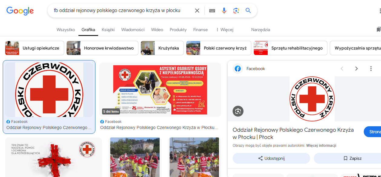 Logo Polskiego Czerwonego Krzyża z czerwonym krzyżem w białym kole i napisem „Polski Czerwony Krzyż” wokół, używane przez Oddział Rejonowy PCK w Płocku.