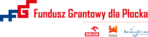 Logo „Fundusz Grantowy dla Płocka” z czerwono‑niebieskim symbolem FG oraz logotypami partnerów: PKN ORLEN, Miasto Płock i Basell Orlen Polyolefins.