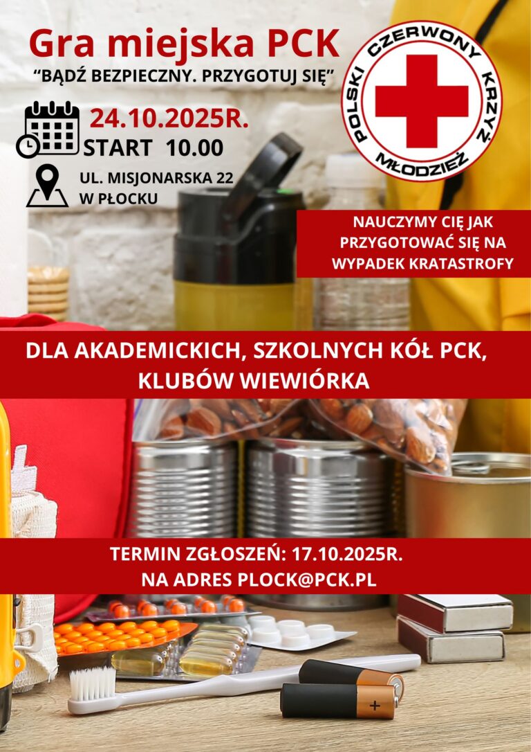 Plakat promujący Fabularną Grę Miejską PCK „Bądź bezpieczny. Przygotuj się” z datą, miejscem wydarzenia i grafiką ekwipunku awaryjnego (żywność, leki, baterie, środki higieny).
