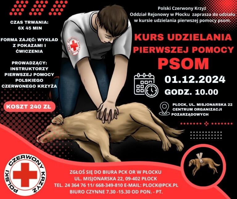 Grafika promująca kurs udzielania pierwszej pomocy psom organizowany przez Polski Czerwony Krzyż, z ilustracją osoby wykonującej masaż serca na psie i informacjami o terminie, miejscu oraz koszcie szkolenia.