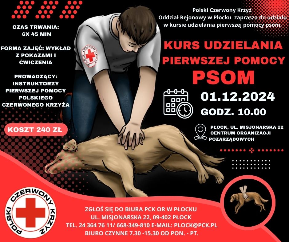 Grafika promująca kurs udzielania pierwszej pomocy psom organizowany przez Polski Czerwony Krzyż, z ilustracją osoby wykonującej masaż serca na psie i informacjami o terminie, miejscu oraz koszcie szkolenia.