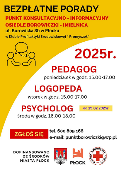 Plakat informujący o bezpłatnych poradach w Punkcie Konsultacyjno‑Informacyjnym Osiedle Borowiczki‑Imielnica w Płocku w 2025 roku, z dyżurami pedagoga, logopedy i psychologa oraz danymi kontaktowymi.