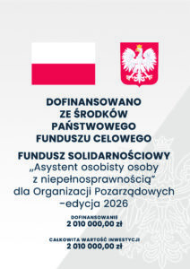 Plakat informujący o dofinansowaniu z Państwowego Funduszu Celowego – Funduszu Solidarnościowego programu „Asystent osobisty osoby z niepełnosprawnością” dla organizacji pozarządowych w edycji 2026, z podaną kwotą 2 010 000 zł, z flagą Polski i godłem.
