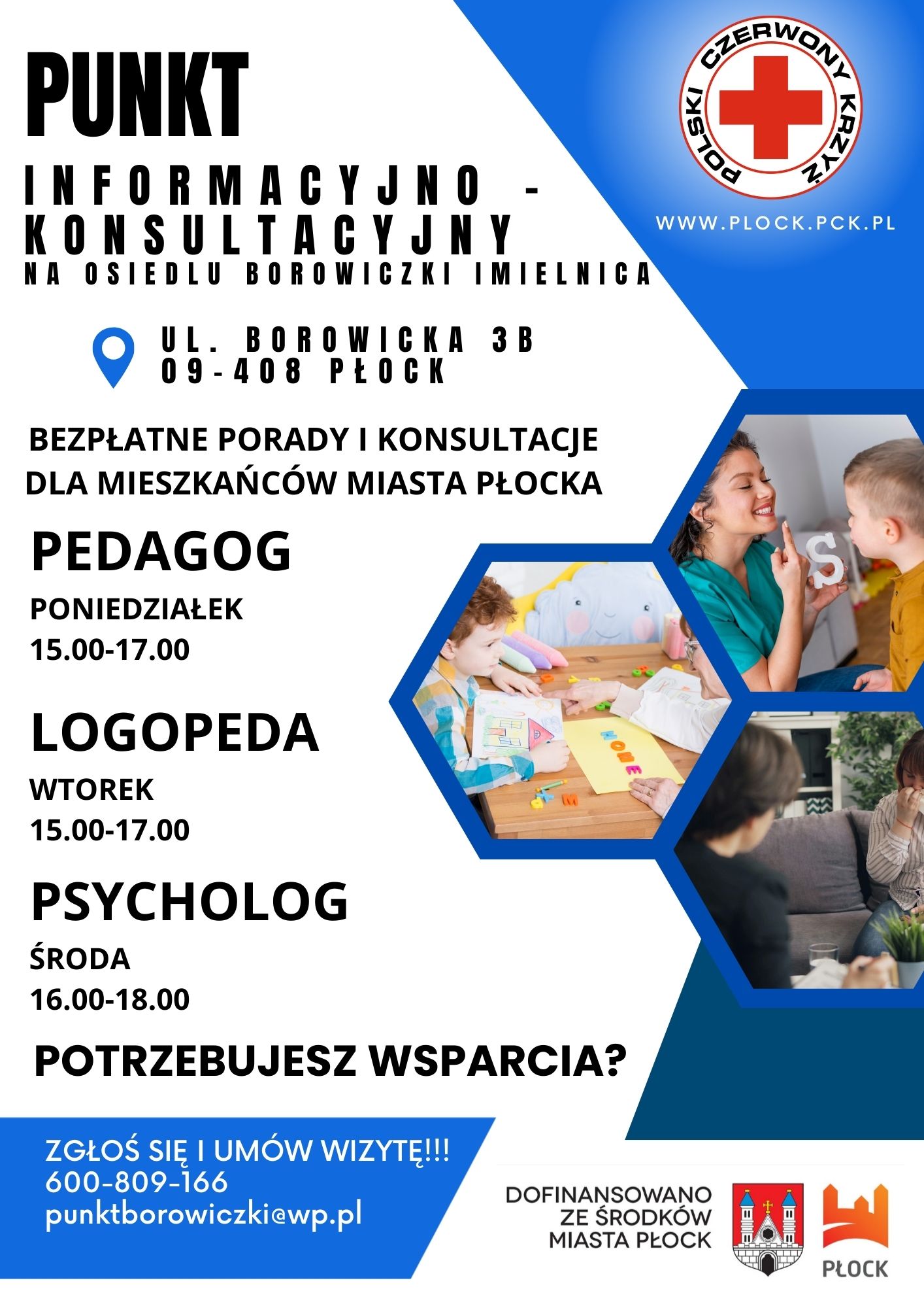 Plakat PIK 2026 — bezpłatne porady pedagoga, logopedy i psychologa