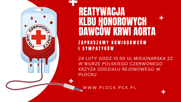 Grafika informacyjna PCK z workiem krwi i napisem o reaktywacji Klubu Honorowych Dawców Krwi „AORTA” oraz zaproszeniem na spotkanie 24 lutego w biurze PCK w Płocku.