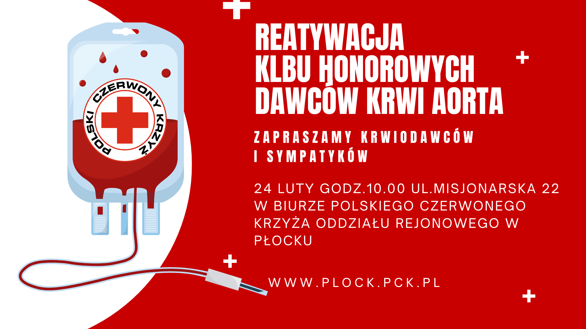 Grafika informacyjna PCK z workiem krwi i napisem o reaktywacji Klubu Honorowych Dawców Krwi „AORTA” oraz zaproszeniem na spotkanie 24 lutego w biurze PCK w Płocku.